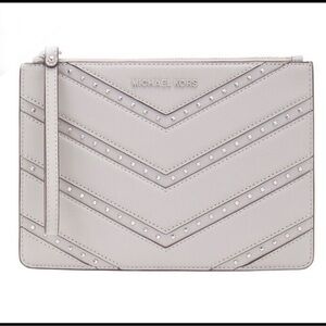 Michael Kors Ellis XL Studded Wristlet Clutch Pearl Gray Leather NWT